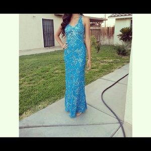 Blue sequined prom dress